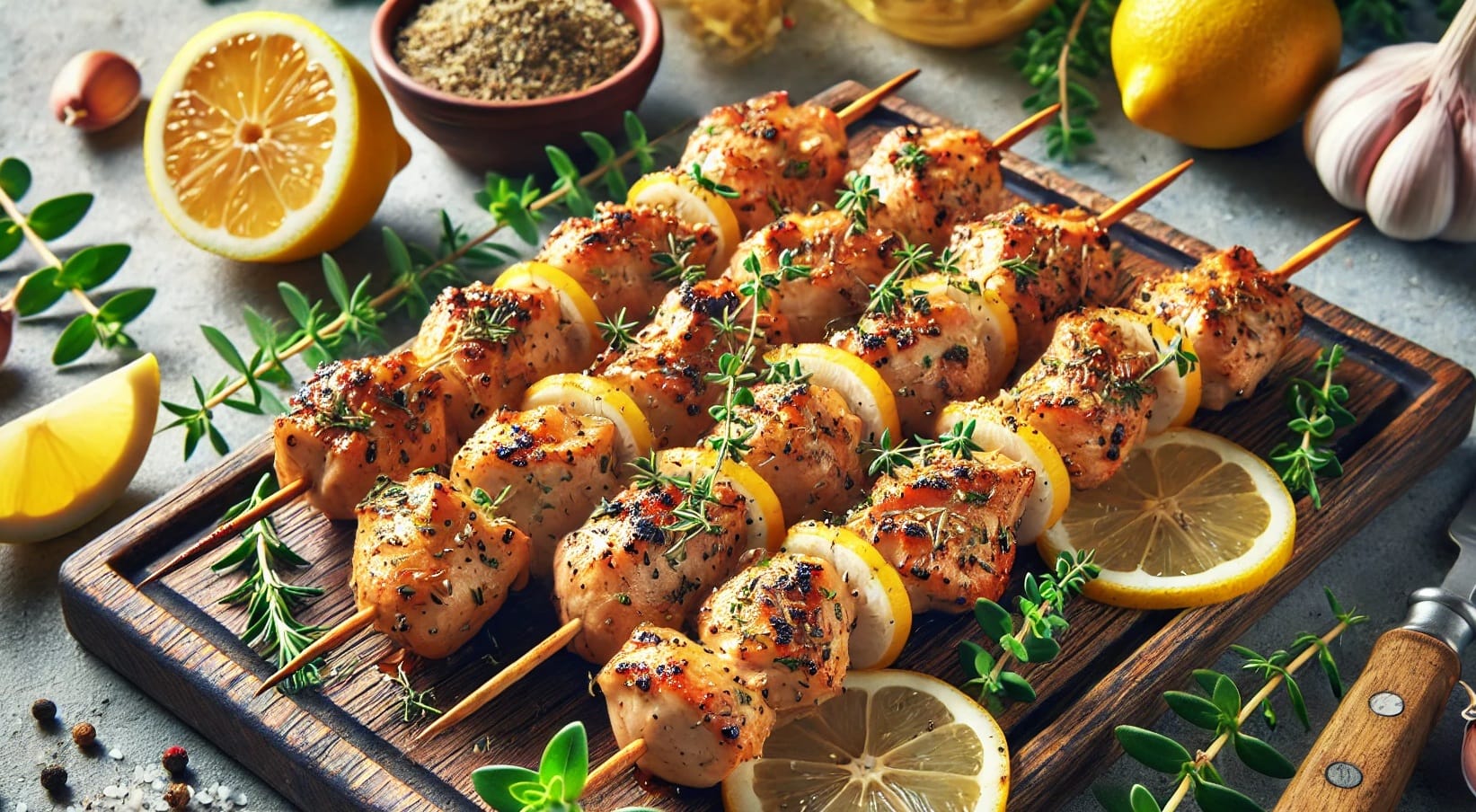 Brochettes de poulet marinées au thym et citron